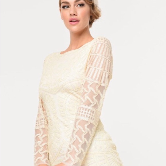 Ivory Beaded Long Sleeved Bizou Flapper Dress NWOT - Picture 4 of 11